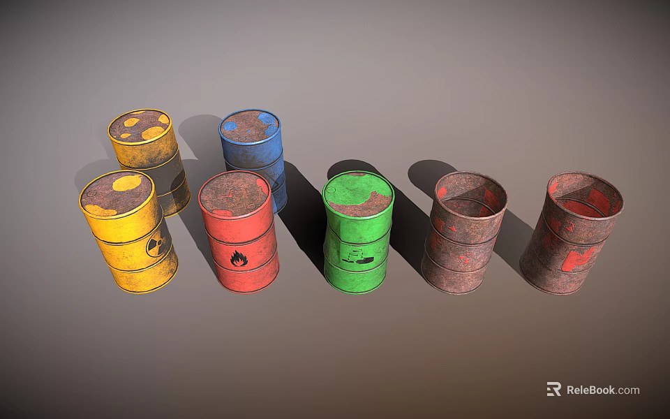 Industrial Equipment Featuring Old Rusty Oil Drums In Various Colors 3d model 