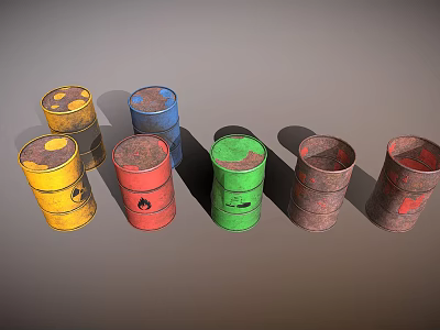 Industrial Equipment Featuring Old Rusty Oil Drums In Various Colors 3d model