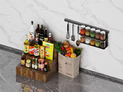 Organized Kitchen Spice Bottles on Wall Mounted Rack with Wooden Tray Vegetables and Marble Wall 3d model