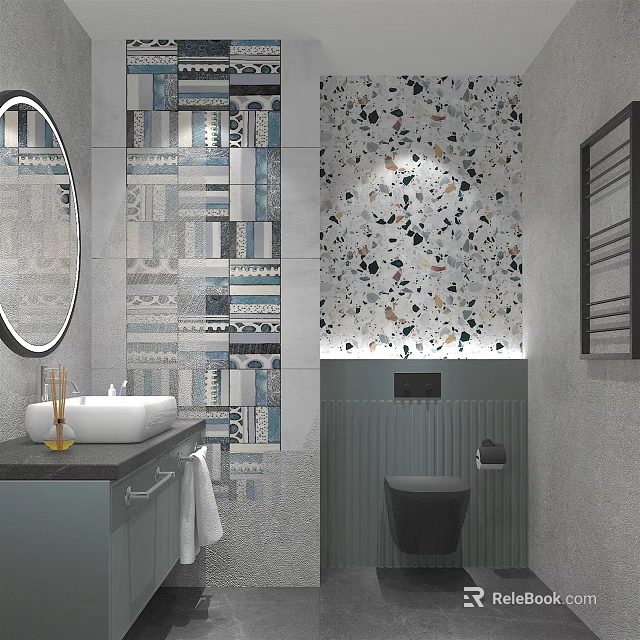 Modern Hotel Bathroom Interior With Round Mirror Patterned Tiles And Concrete Wall 3d model