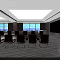 Spacious Modern Conference Room With Glass Windows Long Wooden Table Leather Chairs And TV Screen