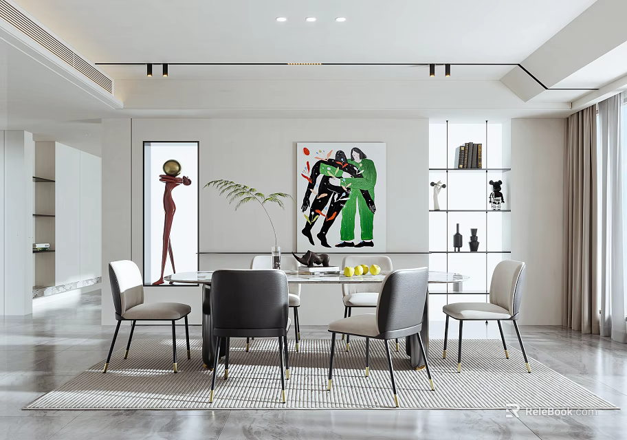 Modern Dining Room Interior With Dining Table Chairs Decorative Paintings Bookshelves And Plant 3d model 