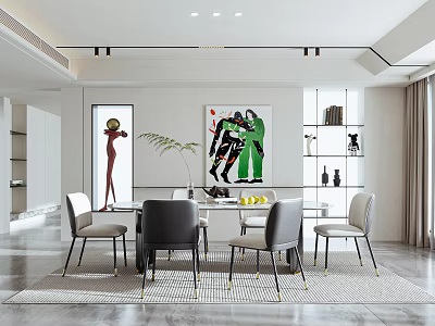 Modern Dining Room Interior With Dining Table Chairs Decorative Paintings Bookshelves And Plant 3d model