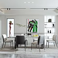 Modern Dining Room Interior With Dining Table Chairs Decorative Paintings Bookshelves And Plant