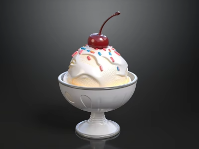 Creamy Ice Cream Scoop Topped With Cherry And Colorful Sprinkles In White Bowl 3d model