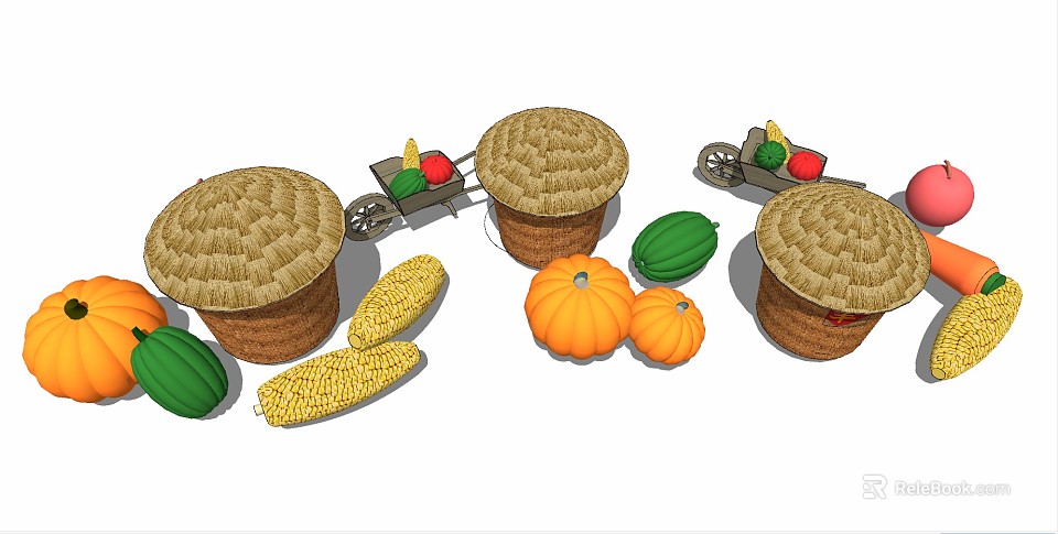 Fresh Vegetables Display with Pumpkins Corn Watermelon Straw Baskets and Carts 3d model 