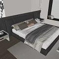 Modern Bedroom With Black Leather Headboard White Gray Bedding Nightstands Abstract Art And Wooden Floor