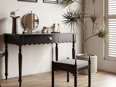 Black Scalloped Edge Dressing Table With Round Mirror And Matching Stool 3d model