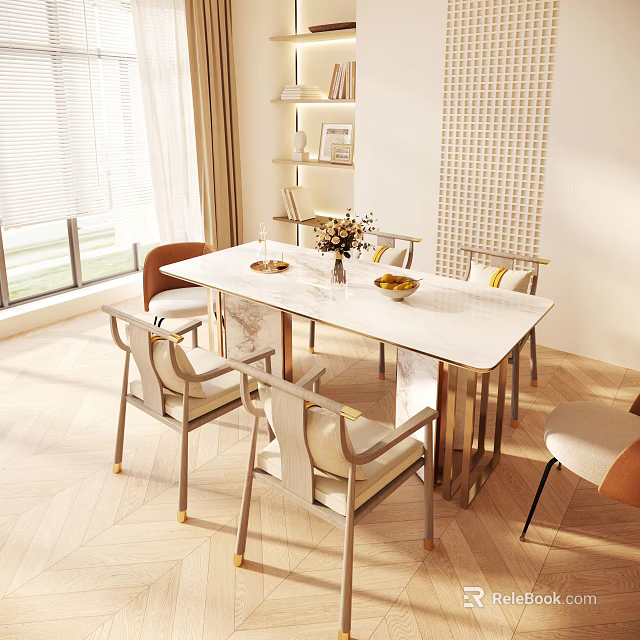 Modern Dining Table Set With White Top Metal Frame And Upholstered Chairs In Bright Dining Space 3d model 