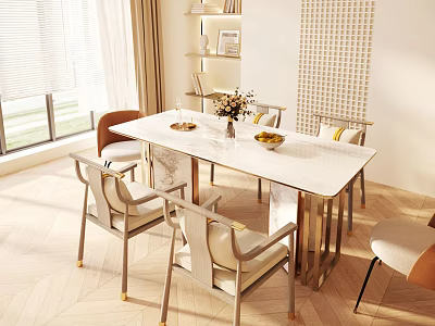 Modern Dining Table Set With White Top Metal Frame And Upholstered Chairs In Bright Dining Space 3d model
