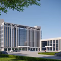 Modern Office Building Exterior With Glass Curtain Wall Blue Sky White Clouds Plaza And Lawn
