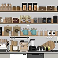 Organized Kitchen Shelves With Various Kitchenware Coffee Appliances Jars And Utensils 3d model