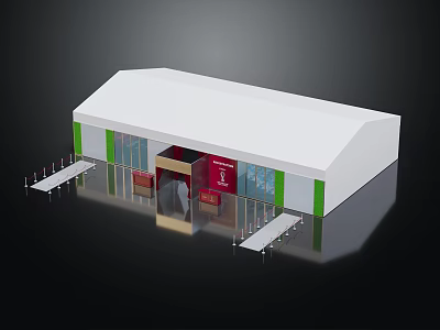 Modern Exhibition Hall With White Roof Green Trim And Red Entrance Design 3d model