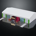 Modern Exhibition Hall With White Roof Green Trim And Red Entrance Design