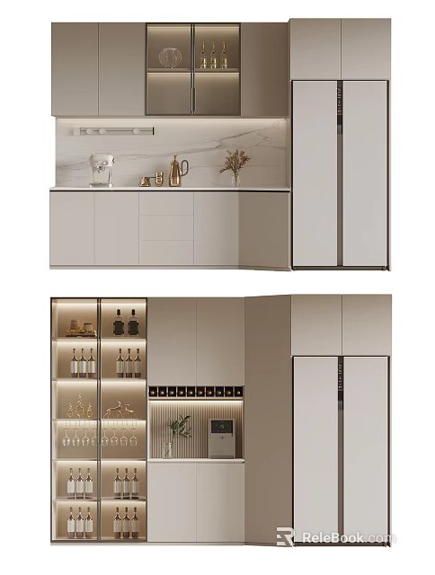 Elegant Modern Wine Cabinet Interior With Glass Doors LED Lighting And Wine Storage 3d model 