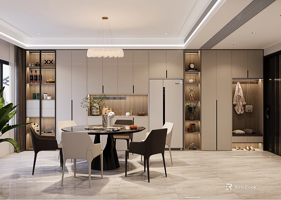 Modern Dining Room Interior With Round Dining Table White Dark Chairs Pendant Light And Cabinets 3d model