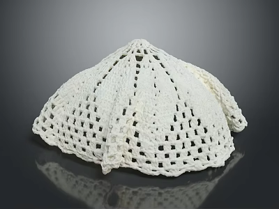 White Crocheted Hat with Openwork Grid Design and Fringed Edges 3d model