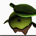 Cartoon Character Green Creature with Knitted Texture Large Leaf on Head Brown Base Small Arms