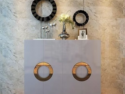 Elegant Gray Console Cabinet With Circular Wooden Accents And Decorative Mirrors On Stone Wall Background 3d model
