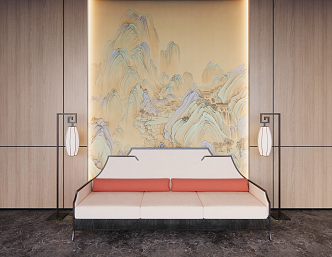 New Chinese Style Sofa Background Wall Sofa Background Wall Floor Lamp Hanging Picture 3d model