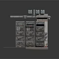 Vintage Industrial Mechanical Device With Multiple Control Panels And Tubular Structure
