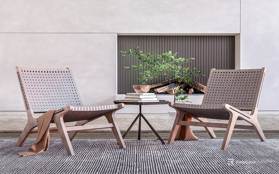 Perforated Wooden Chairs And Metal Table Set With Potted Plant Books On Striped Rug Patio 3d model 