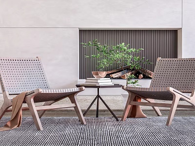 Perforated Wooden Chairs And Metal Table Set With Potted Plant Books On Striped Rug Patio 3d model