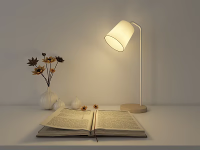 Modern Table Lamp With Wooden Base Open Book And Dried Flowers On Desk 3d model