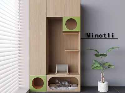 Wooden Cat Tree Design With Green Circular Holes Multiple Shelves And Cat Resting Spots 3d model