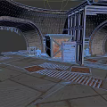 Industrial Interior With Arched Structures Metal Frames Wooden Crates And Brick Floor