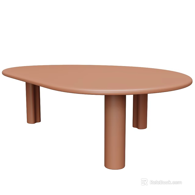Brown Oval Coffee Table With Three Pillar Legs And Smooth Surface 3d model 