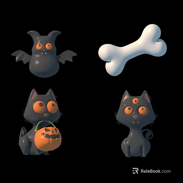 Halloween Themed 3D Cartoon Characters Featuring Bat Bone And Cats With Pumpkin Lantern 3d model 