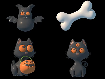 Halloween Themed 3D Cartoon Characters Featuring Bat Bone And Cats With Pumpkin Lantern 3d model