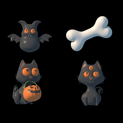 Halloween Themed 3D Cartoon Characters Featuring Bat Bone And Cats With Pumpkin Lantern 3d model