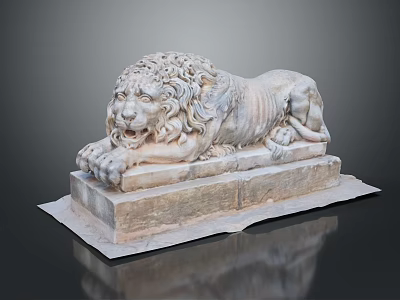 Reclining Stone Lion Sculpture With Intricate Details On Classic Pedestal 3d model