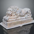 Reclining Stone Lion Sculpture With Intricate Details On Classic Pedestal