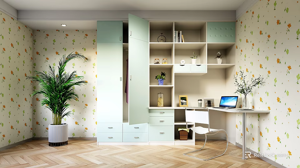 Modern Light Green Wardrobe With Drawers Open Shelves And Study Corner 3d model