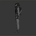 Man In Metallic Spacesuit Standing With Arms Outstretched On Gray Background