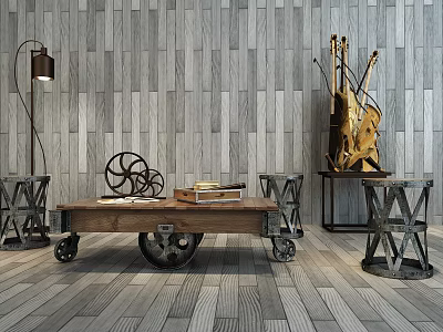 Industrial Coffee Table With Wooden Tabletop Metal Frame Decorative Gear Books And Side Stools 3d model