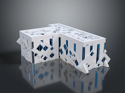 White Geometric Architectural Model With Hollow Design And Blue Accents On Reflective Surface 3d model