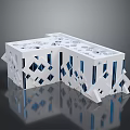 White Geometric Architectural Model With Hollow Design And Blue Accents On Reflective Surface