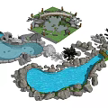 Decorative Garden Ornament Features With Curved Stream Rock Formations Small Bridge And Palm Trees