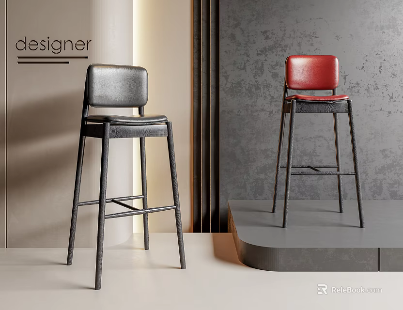 Designer Modern Bar Stools With Black Red Leather Seats And Metal Frames 3d model 