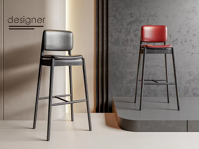 Designer Modern Bar Stools With Black Red Leather Seats And Metal Frames 3d model