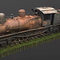 Old Rusty Steam Train on Grass Covered Tracks with Multiple Chimneys and Mechanical Parts