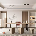 Quiet Study Home Study Desk and Chair Combination Bookcase End View Table Chandelier Wall Decoration Carpet Curtain 3d model