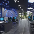 Modern Internet Cafe Interior With Computers Comfortable Chairs Bar Counter And Blue Lighting 3d model
