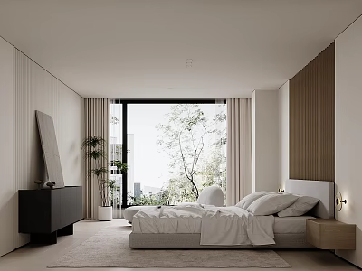 Modern Bedroom Interior With Large Windows Natural Light Wooden Walls White Bedding And Green Plant 3d model