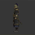 Man In Full Body Ancient Warrior Armor With Golden Decorations And Helmet