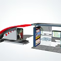 Modern Bus Station With Curved Red Structure Information Screen And Waiting Seats